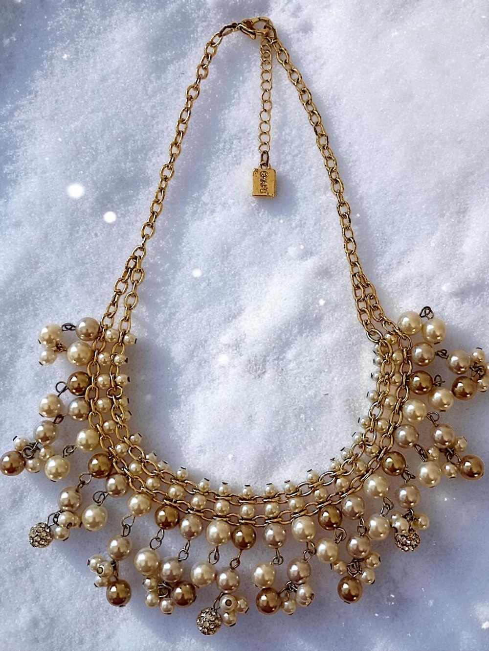 Y2K Faux Pearl Bib Fringe Necklace Egyptian Revival Gold Tone Victorian Vintage